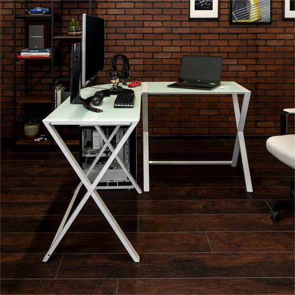 Walker Edison X-Frame Glass Metal L-Shaped Computer Desk-White/White