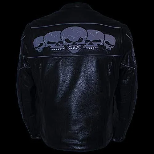 Xelement Bxu6050 Men's &3 Skull Head& Black Leather Motorcycle Jacket with X-Armor Protection - Black, Small