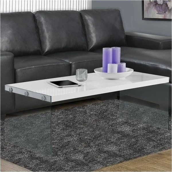 Bowery Hill Tempered Glass Coffee Table in Glossy White, 16 x 22 x 44 inches