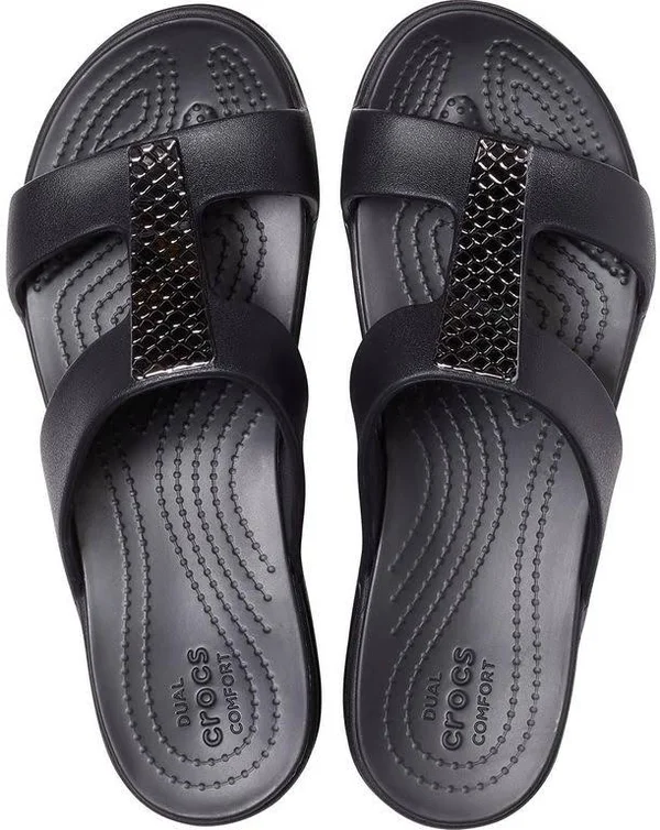 Crocs Monterey Metallic Slip-On Wedge - Black - Flat Sandals