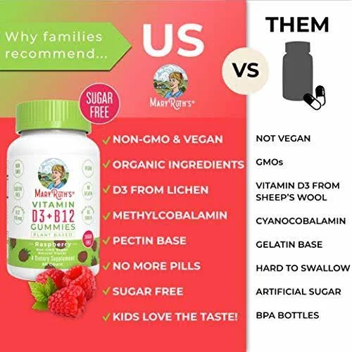 MaryRuth Organics Vegan Vitamin D3+B12 Gummy (Sugar Free) Plant-Based by MaryRuth&s - Made w/Organic Ingredients Non-GMO Gluten
