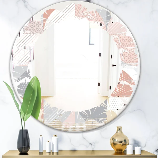 Designart 'Round Geometric Textured Pattern' Modern Round or Oval Wall Mirror - Leaves - Multi - 24 in. Wide x 24 in. High