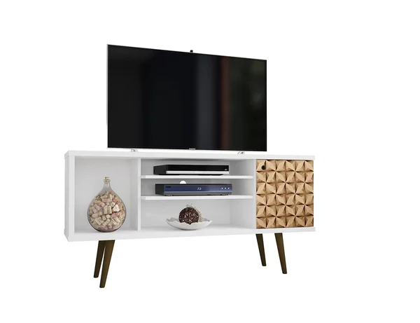 Manhattan Comfort - Liberty 53.14x22 Mid Century Modern TV Stand 5 Shelves White/3D Brown Prints