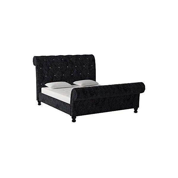 Baxton Studio Castello Black Velvet Upholstered Faux Crystal-Buttoned Sleigh Platform Bed - Queen