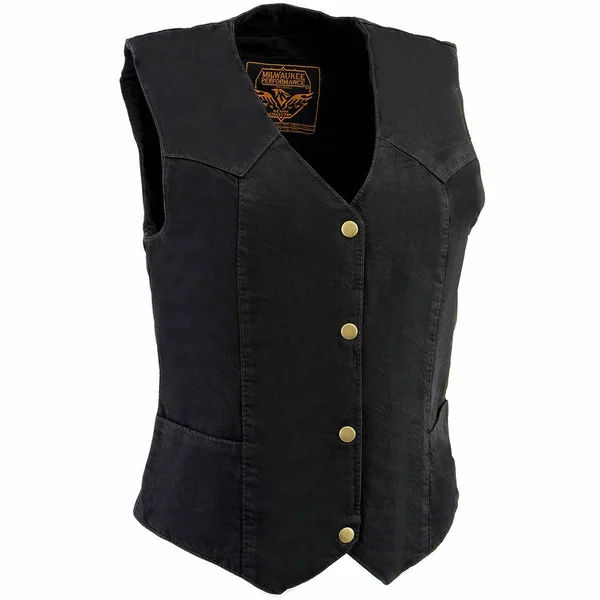 Milwaukee Leather Mdl4000 Ladies Black Plain Side 3 Snap Front Denim Vest - Black, 3X-Large