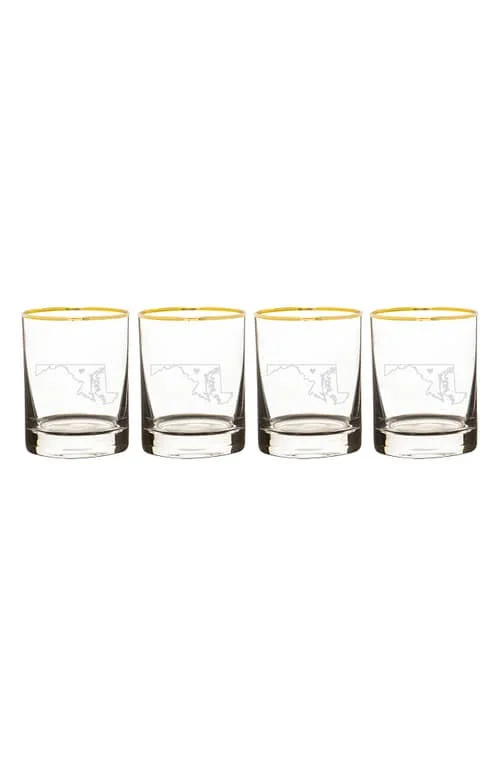 Cathy&s Concepts State Love Set of 4 Gold Rimmed Whiskey Glasses Transparent