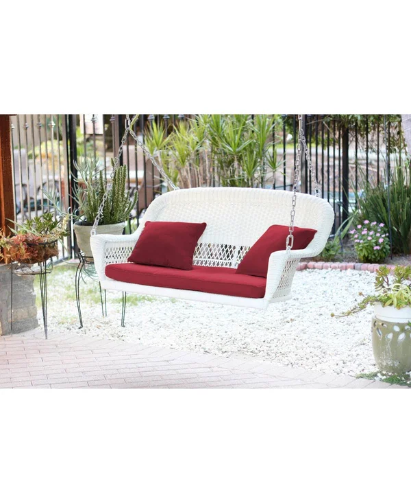 Jeco W00206S-B-FS030 White Resin Wicker Porch Swing with Red Cushion