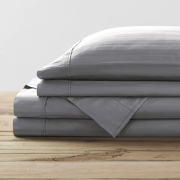 Brielle Home 100% Organic Cotton Dobby Stripe Sheet Set Queen, Blue