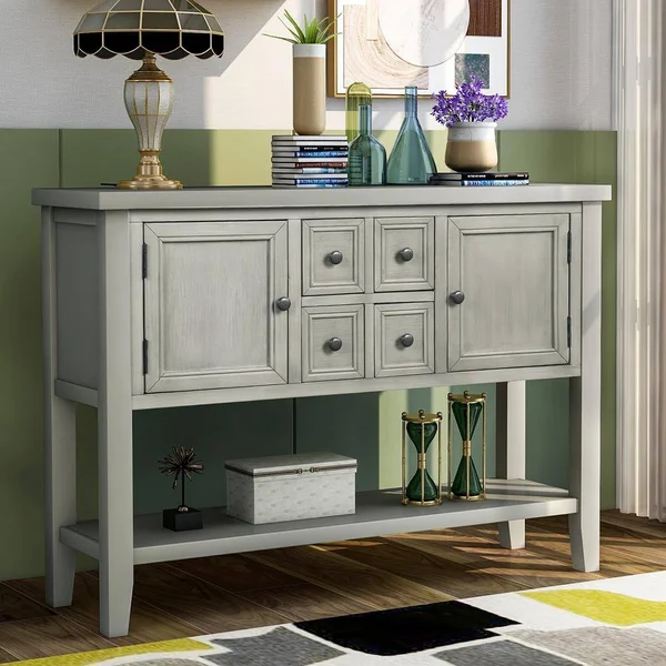 Qualfurn 46 in. Rectangle Antique Gray Wood Console Table with 4-Storage Drawers and 2-Cabinets