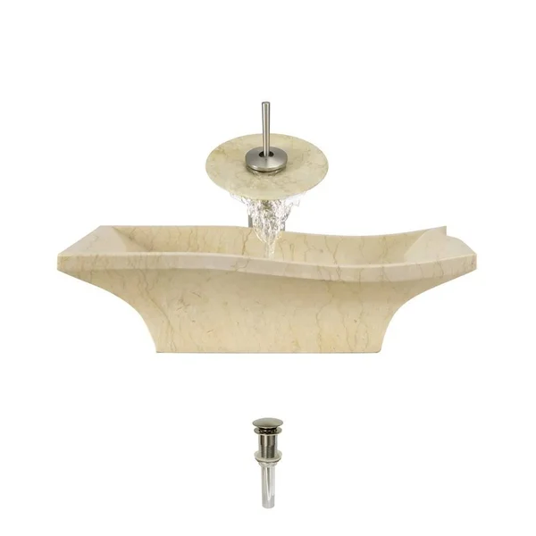 Mr Direct 859 Egyptian Yellow Marble Vessel Sink Ensemble with Brushed Nickel Finish Waterfall Faucet, Pop-Up Drain, and Sink Ri