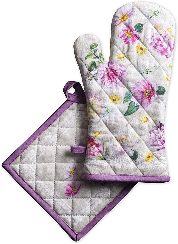 Maison d& Hermine Pivoine 100% Cotton Set of Oven Mitt (19 cm x 33 cm) and Pot Holder (20 cm x 20 cm) for BBQ - Cooking, Baking