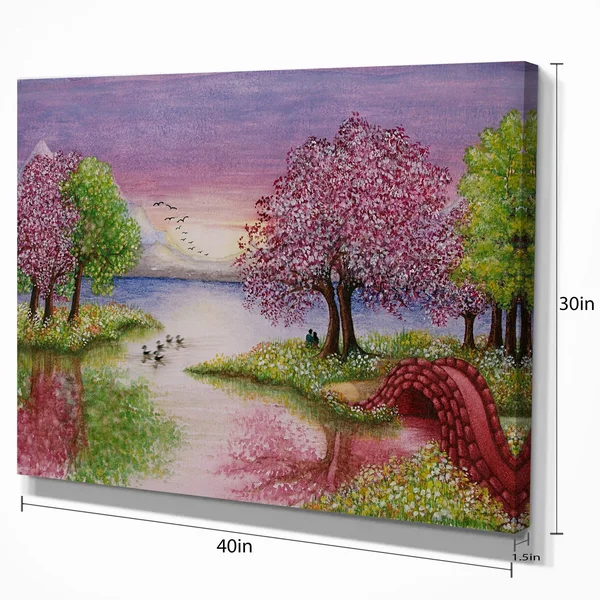 Design Art Romantic Lake in Pink and Green - Extra Large Wall Art Landscape - 32 in. Wide x 16 in. High