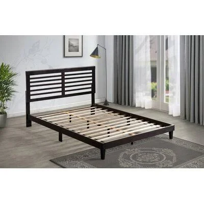 Mid-Century Modern Style Rubberwood & MDF Wooden Platform Bed (Fully Slated) Latitude Run Color: Black - Size: Queen