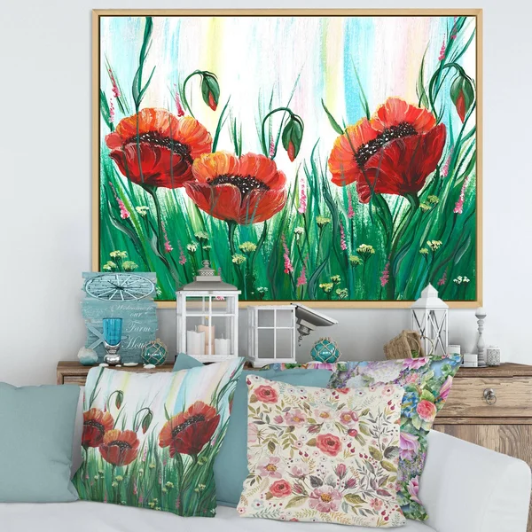 Designart 'Red Bright Poppy Flowers on A Green Meadow' Traditional Framed Canvas Wall Art Print - 40 in. Wide x 30 in. High - Go