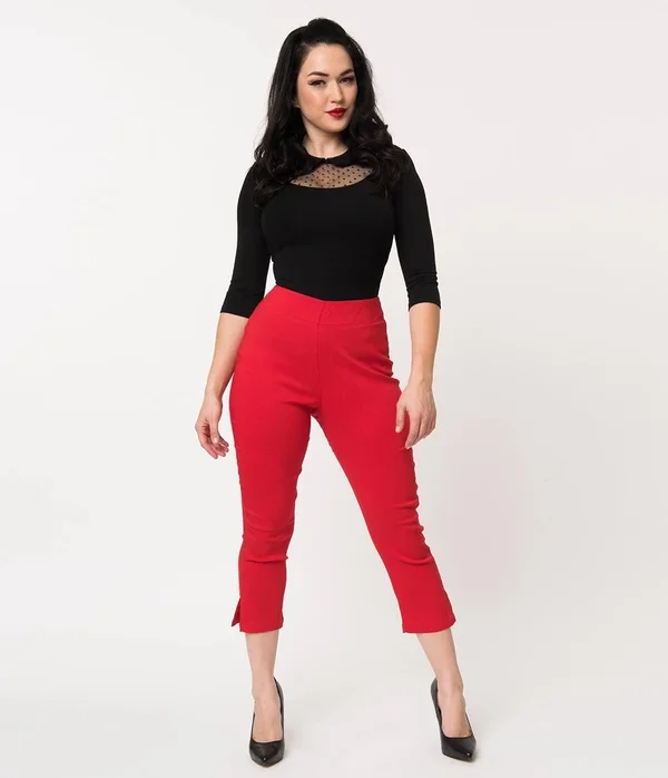 Unique Vintage Red High Waist Rachelle Capri Pants - Size M/6-8