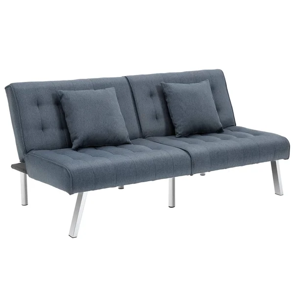 HOMCOM 2-Seater Convertible Sofa Bed with 7 Adjustable Angled Backrest Levels - 2 Pillows, and 5 Steel Legs - Grey