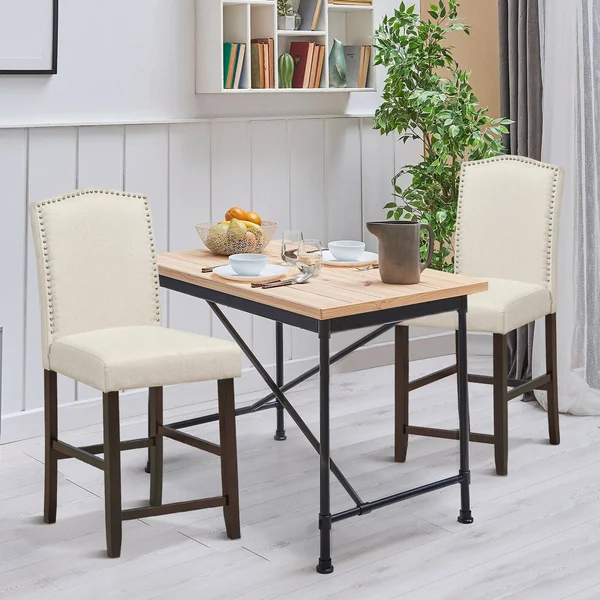 Gymax Set of 2 Fabric Barstools Nail Head Trim Counter Height Dining Side Chairs