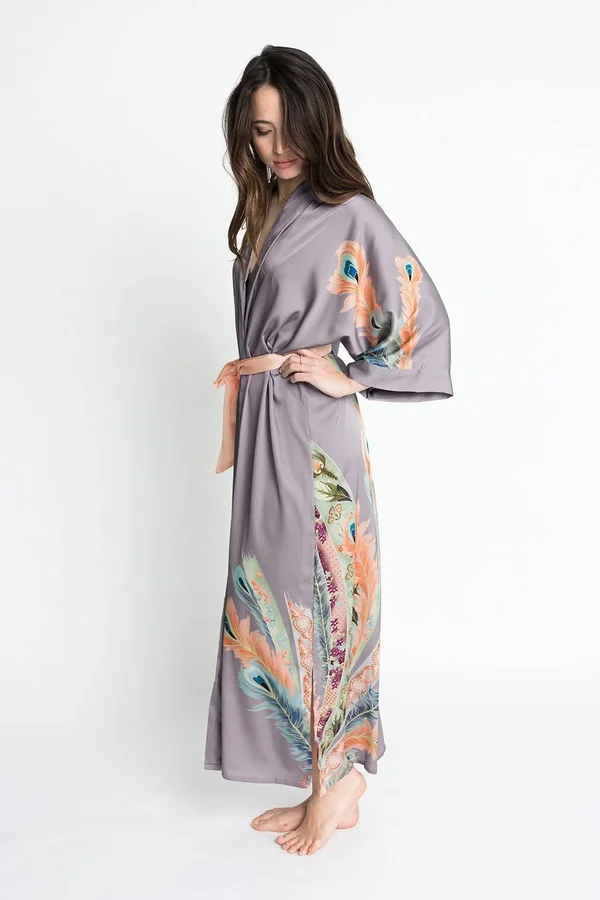 Peacock Feather Kimono Robe - Long - KIM + ONO white, one size