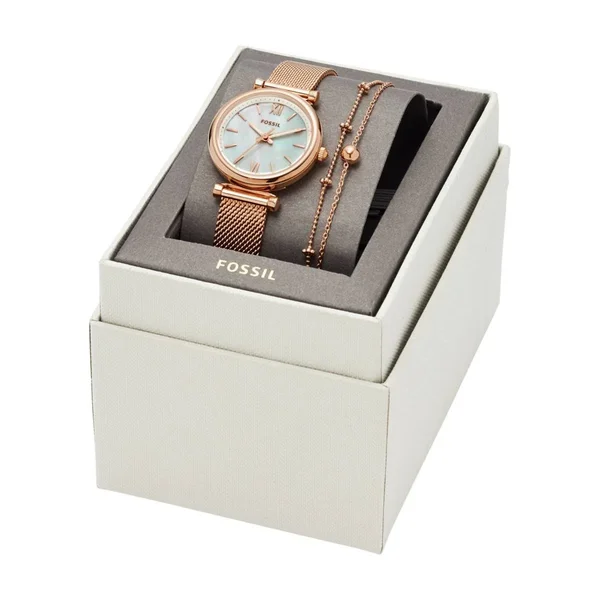 Fossil Women's Carlie Mini Rose Gold-Tone Stainless Steel Mesh Bracelet Watch Box Set 28mm - Rosegold