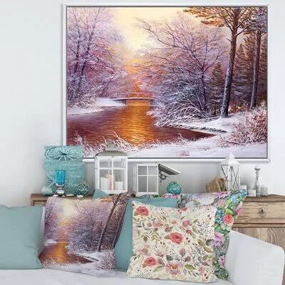 Christmas Forest with River and Trees II - Painting on Canvas East Urban Home Format: White Floater Frame - Size: 30x22 H x 40x22