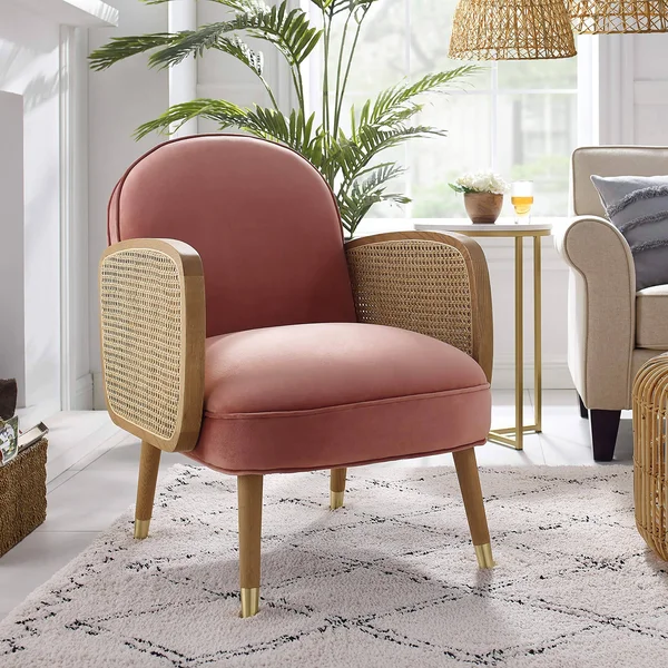 Art Leon Mid Century Modern Velvet Upholstered Oak Woven Arm Accent Chair, Living Room Chair