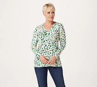 Susan Graver Printed Brushed Liquid Knit V-Neck Top - Size Small, Teal/Seafoam