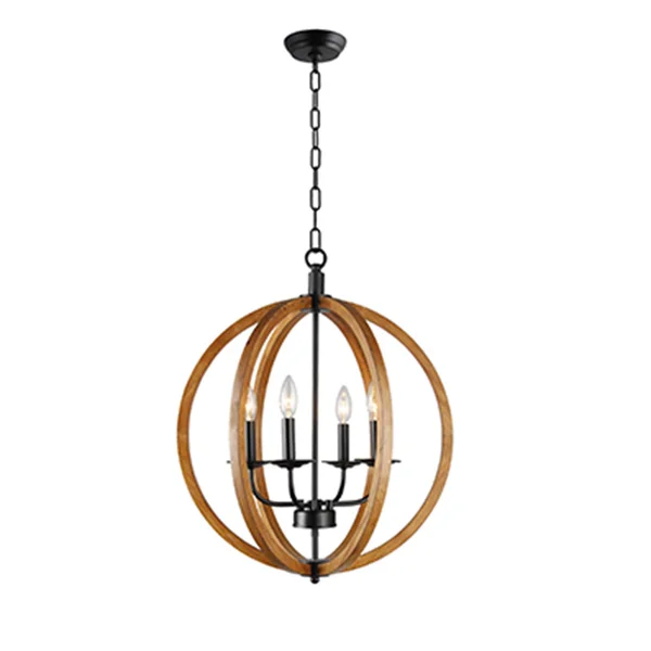 4 Light Globe Chandelier in Black Metal and Natural Wood finish - 24H x 20W x 20L in.