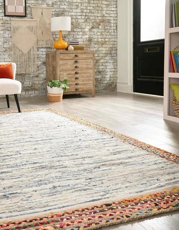 Unique Loom Striped Chindi Jute Rug Ivory, 10& x 8&