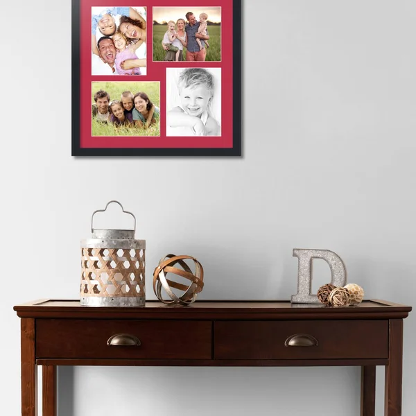 Collage Picture Frame - Satin Black Frame with 4 openings for 8x10 Photos with Red Rouge Mat. D3926CS5215, ArtToFrames
