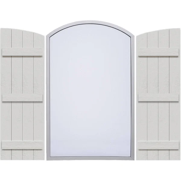 21 1/2 inchw x 79 inchh (71 5/8 inch Low Side) Rustic Four Board Joined Board-n-Batten Faux Wood Shutters w/Elliptical Arch Top