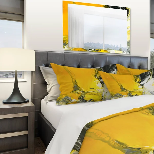 Designart &White and Yellow Marbled Acrylic with A Cloud of Black& Modern & Contemporary Bedding Set - Duvet Cover & Sha