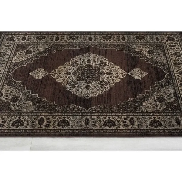 Allstar Rugs Distressed Espresso and Black Rectangular Accent Area Rug with Mocha Persian Design - 7& 6x22x9& 8x22