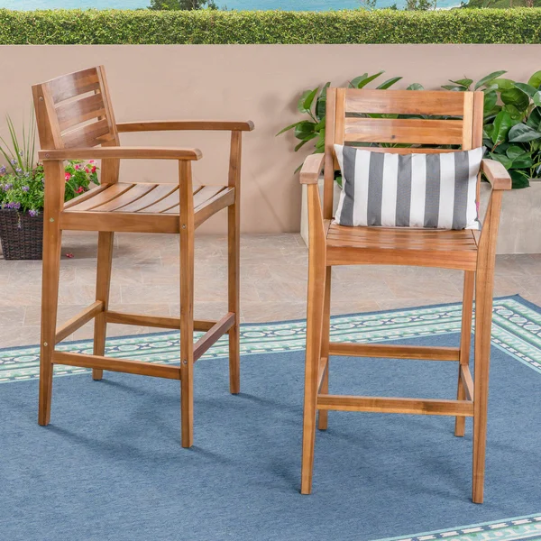 Lera Outdoor Rustic Acacia Wood Barstool (Set of 2) Gray