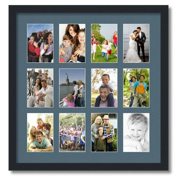 Collage Picture Frame, Satin Black Frame with 12 openings for 4x6 Photos with Dutch Blue Mat. D3926FE228, ArtToFrames