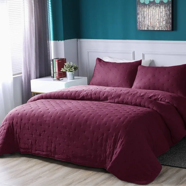 Kasentex Nostalgic Dot Stitch Stone Washed Designer Quilt Set with Pillow Shams Twin, Red