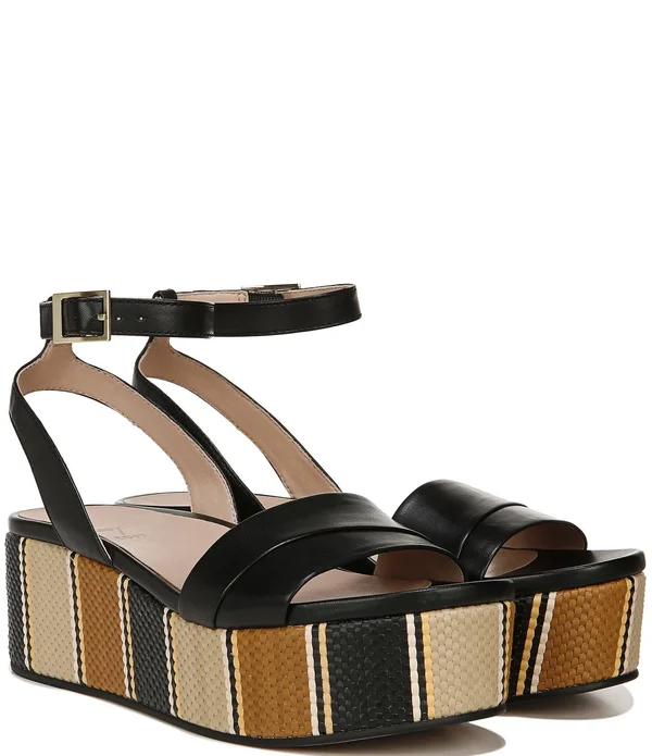 27 Edit Jamari Leather Striped Platform Sandals - Womens, 5M, Black