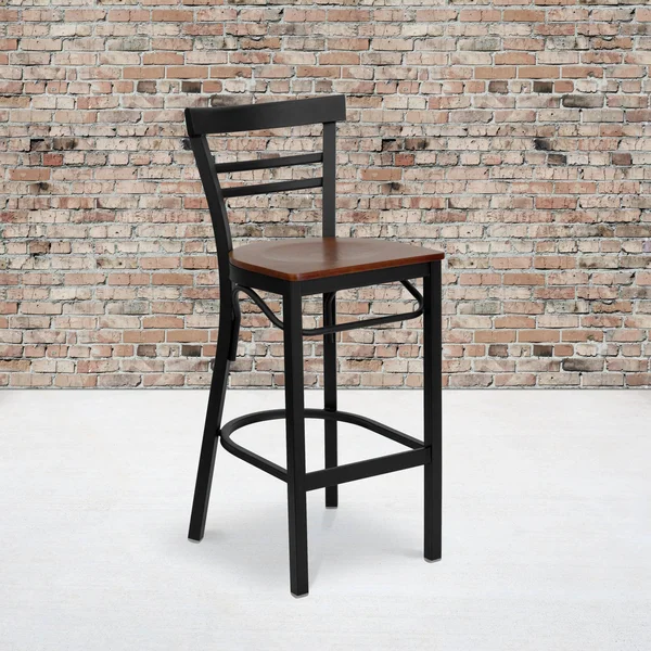 Flash Furniture Hercules Metal Ladder Back Wood Seat Restaurant Bar Stool - Black