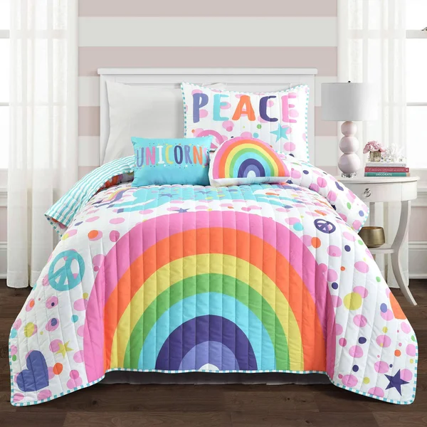 Lush Decor Unicorn Rainbow 4 Piece Quilt Set - Twin, White
