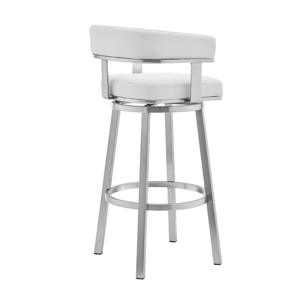 Armen Living Cohen 30x22 White Faux Leather and Brushed Stainless Steel Swivel Bar Stool