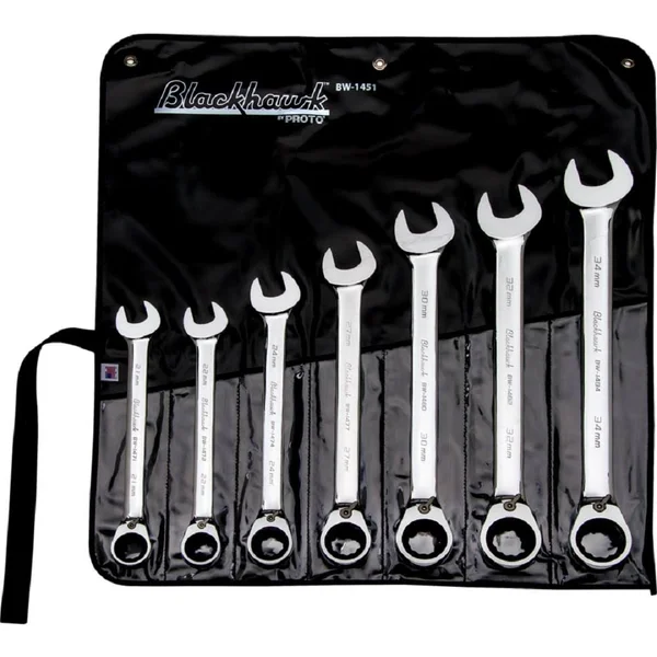 Blackhawk BW-1451 7 Piece Metric Rev. Ratcheting Combo Wrench Set, ...