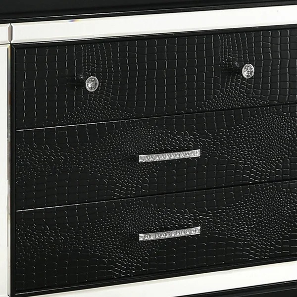 3 Drawer Wooden Nightstand with Mirror Accents and Faux Crystal Pulls - Black