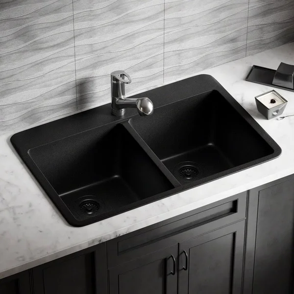Mr Direct Black Quartz Granite 33 in. Double Bowl Drop-in Kitchen Sink with Matching Strainers