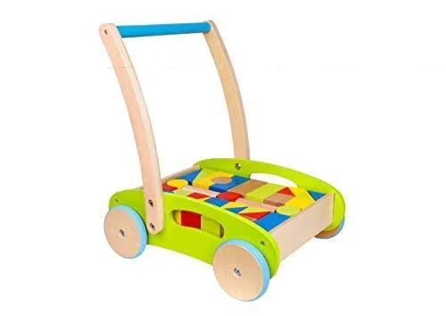Toysters Wooden Baby Walker and Block Puzzle Push Cart - Wood Push and Pull Toy for Toddler Boys and Girls, Infant Activity Cen
