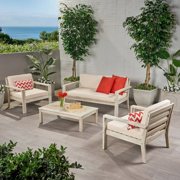 Santa Ana Outdoor 4 Seater Acacia Wood Chat Set with Cushions by Christopher Knight Home - Wire Brushed Light Gray Wash+Cream