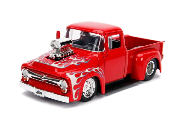 Jada 1956 Ford F-100 Pickup Truck with Blower Glossy Red with Flames Just Trucks Series 1/24 Diecast Model Car 30715