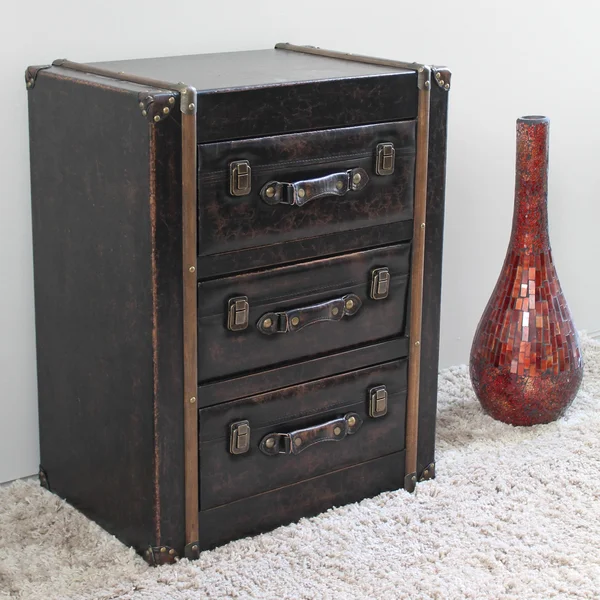 International Caravan 3 Drawer Faux Leather Chest Antique Black