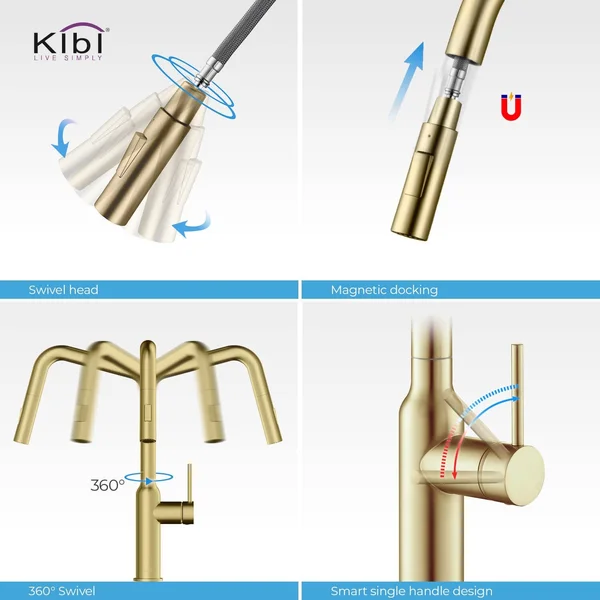 KIBI Lead Free Solid Brass High Arc Pull Out Single Level Kitchen Faucet Chrome
