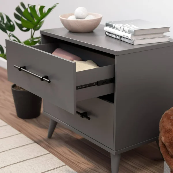 Rest Haven Mid-Century Modern 2 Drawer Nightstand, Black