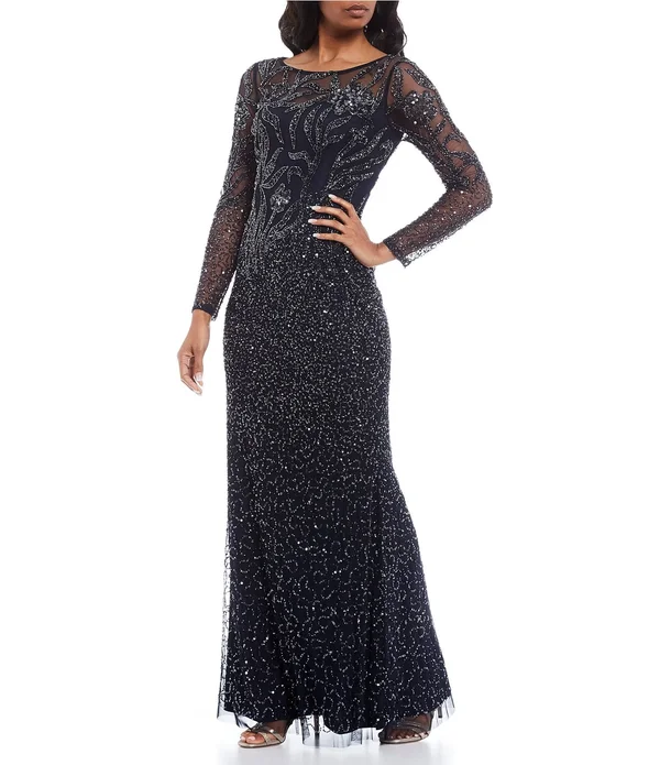 Adrianna Papell Long Illusion Sleeve Beaded Mesh Gown - 8