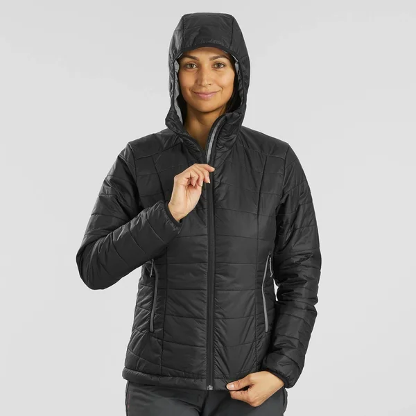 Forclaz Women's Trek 100, Light Backpacking Padded Down Jacket with Hoodie in Grey Blue, Size Xs